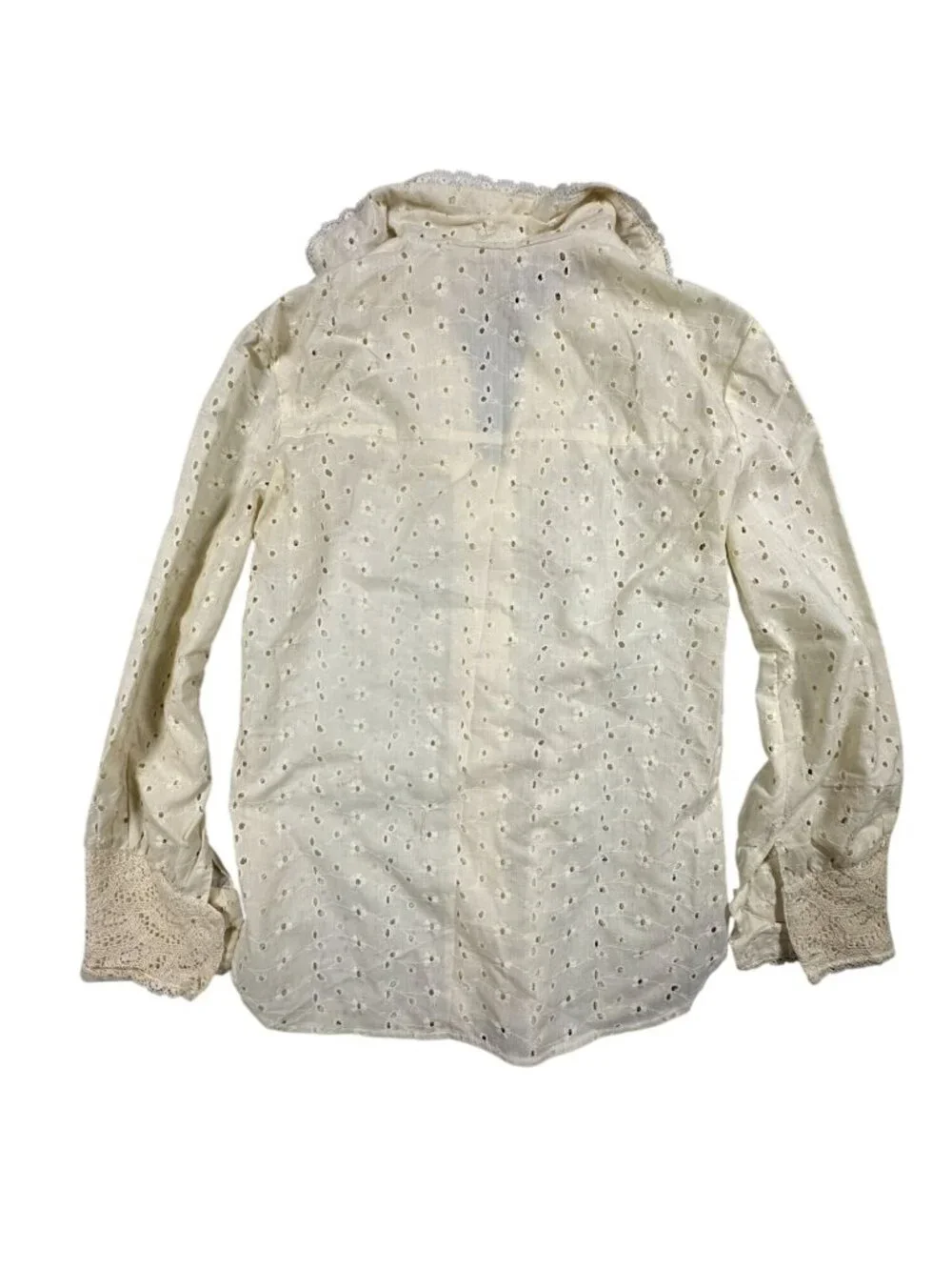 Joyana Womens Ivory Lace Eyelet Button-Up Long Sleeve Blouse Vintage - Picture 3 of 8
